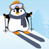 Cartoon penguin skiing with goggles and a scarf on a snowy background